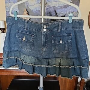 Social Collision Ruffled Jean Mini Skirt
